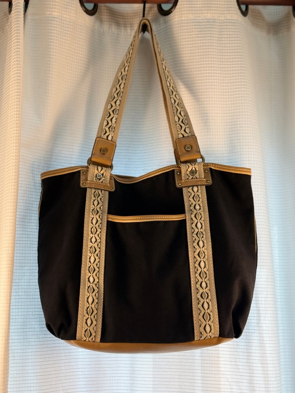 Relic by Fossil Black Canvas Tote Bag Tan Braided Woven Trim EUC